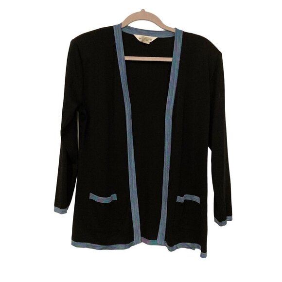 Exclusively Misook Black Open Cardigan Sweater Blue Purple Trim‎ Pockets Sz XS - Picture 1 of 8